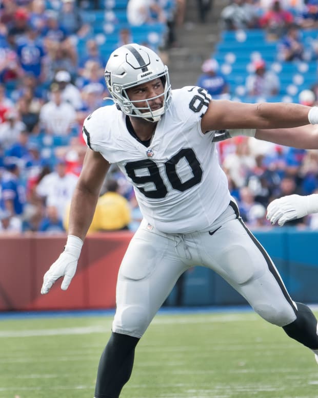 Sep 17, 2023; Orchard Park, New York, USA; Las Vegas Raiders defensive tackle Jerry Tillery (90) against Buffalo Bills guard David Edwards (76) in the fourth quarter at Highmark Stadium.